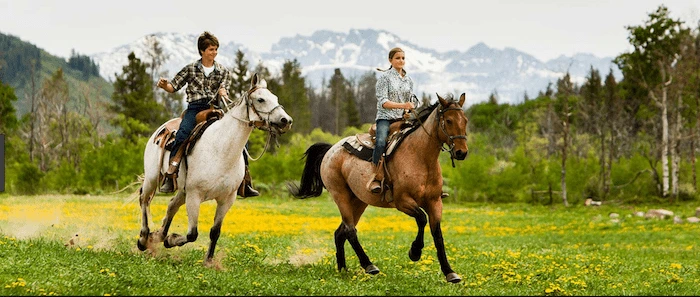 Confident plus-size woman riding Newark on Trent a horse through a field with a smile on her face.